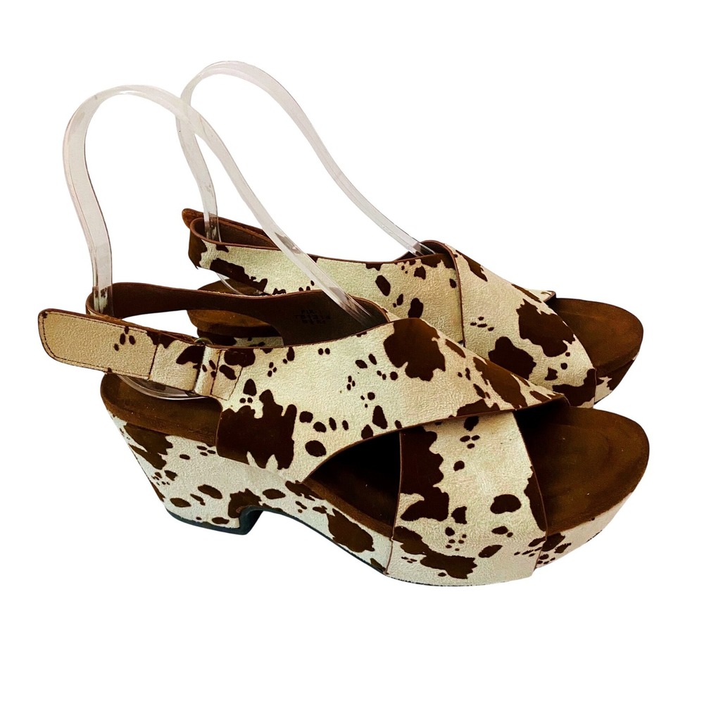 Pierre‎ Dumas Cow Print Platform Wedge Sandals Brown White Slingback 8.5M 751214